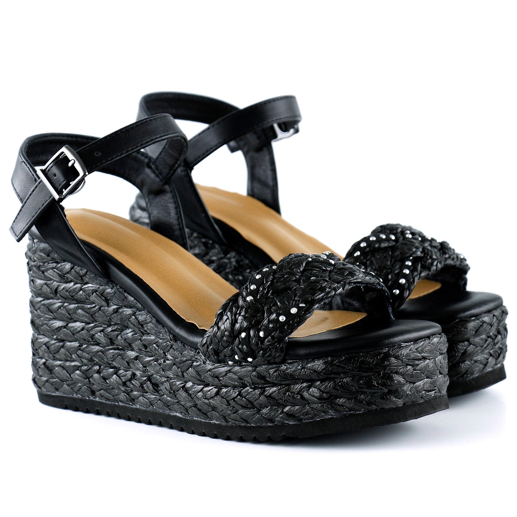 [7074] Siyah İnci İşlemeli Tokalı Hasır Örgü Görünümlü Dolgu Topuklu Sandalet