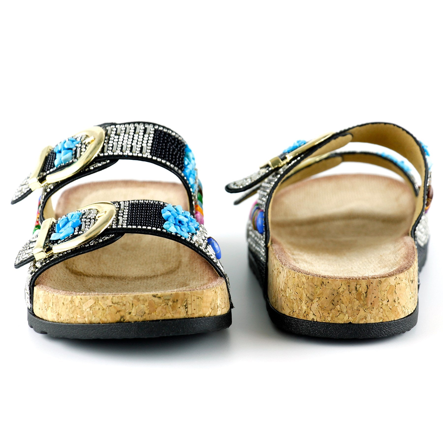 [7048] Siyah Sabit Çift Bantlı Renkli Taşlı Boncuklu Mantar Taban Görünümlü Terlik