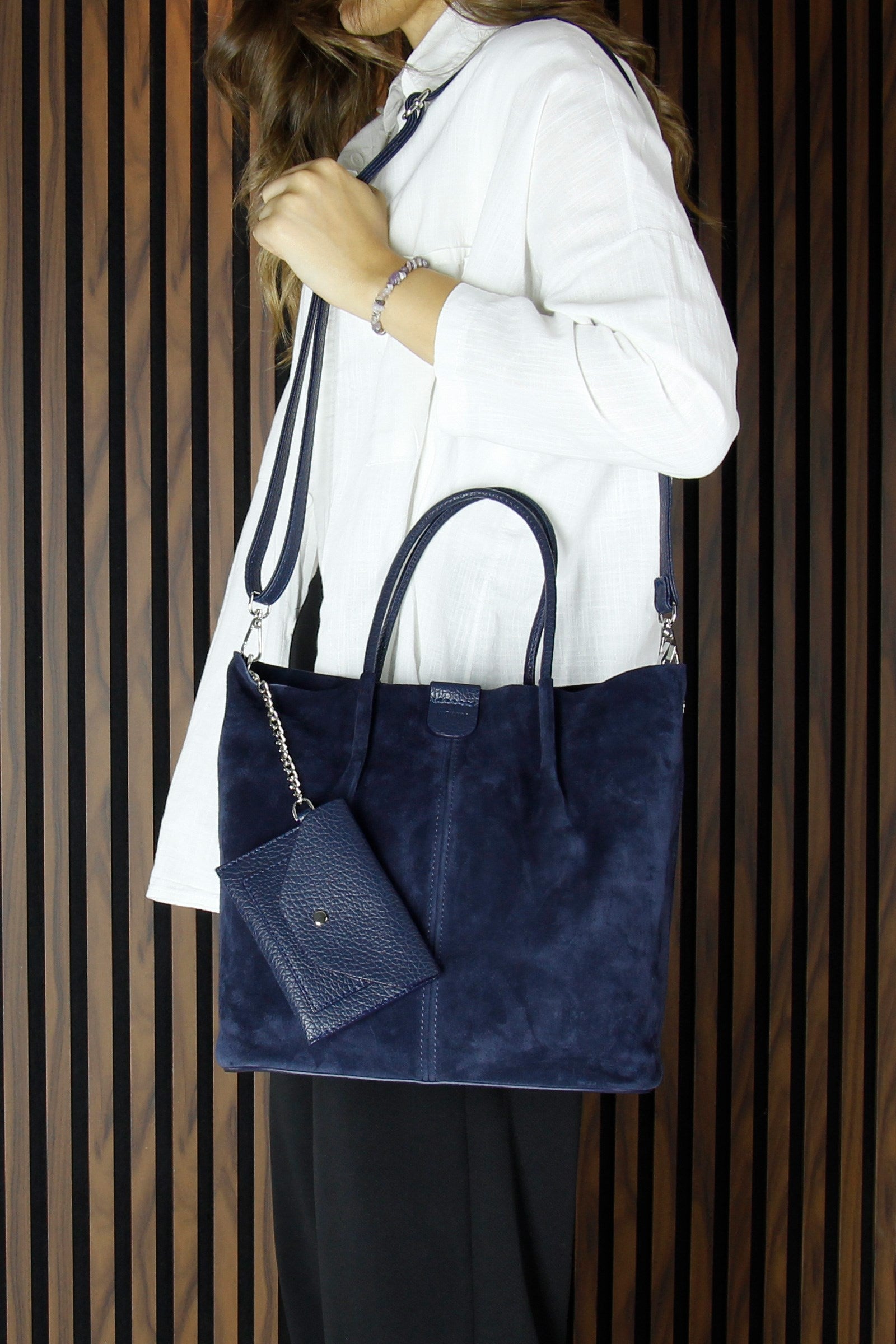 (VSN5010OC) Lacivert Hakiki Dana Süet Manyetik Kapaklı İç Cepli Askılı Günlük Büyük Boy Omuz Çantası ve Cüzdanı