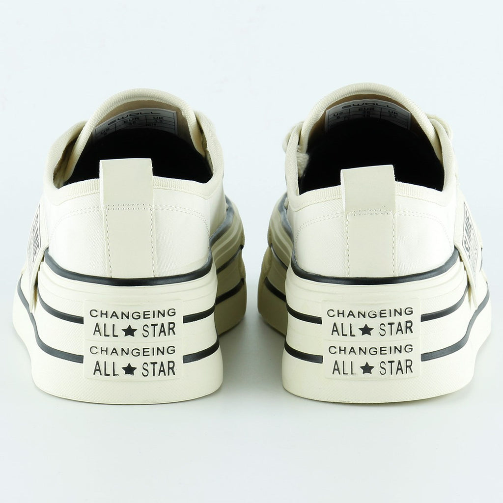 [5016] Bej Saten Yüksek Taban Spor Taşlı Bağcıklı Platform Sneaker