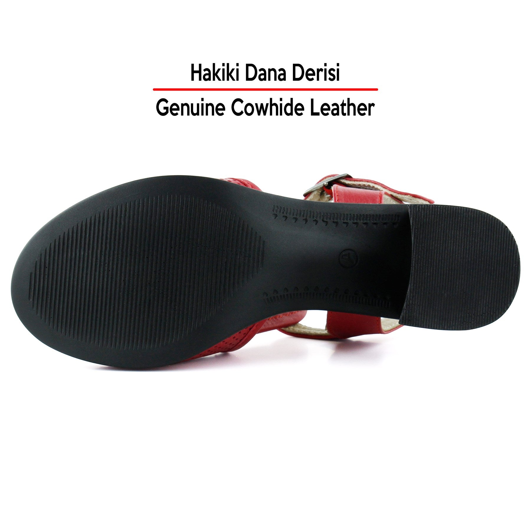 Elena Kırmızı Hakiki Dana Derisi Önü Arkası Açık Delik Detaylı Kalın Topuklu Rahat Günlük Sandalet