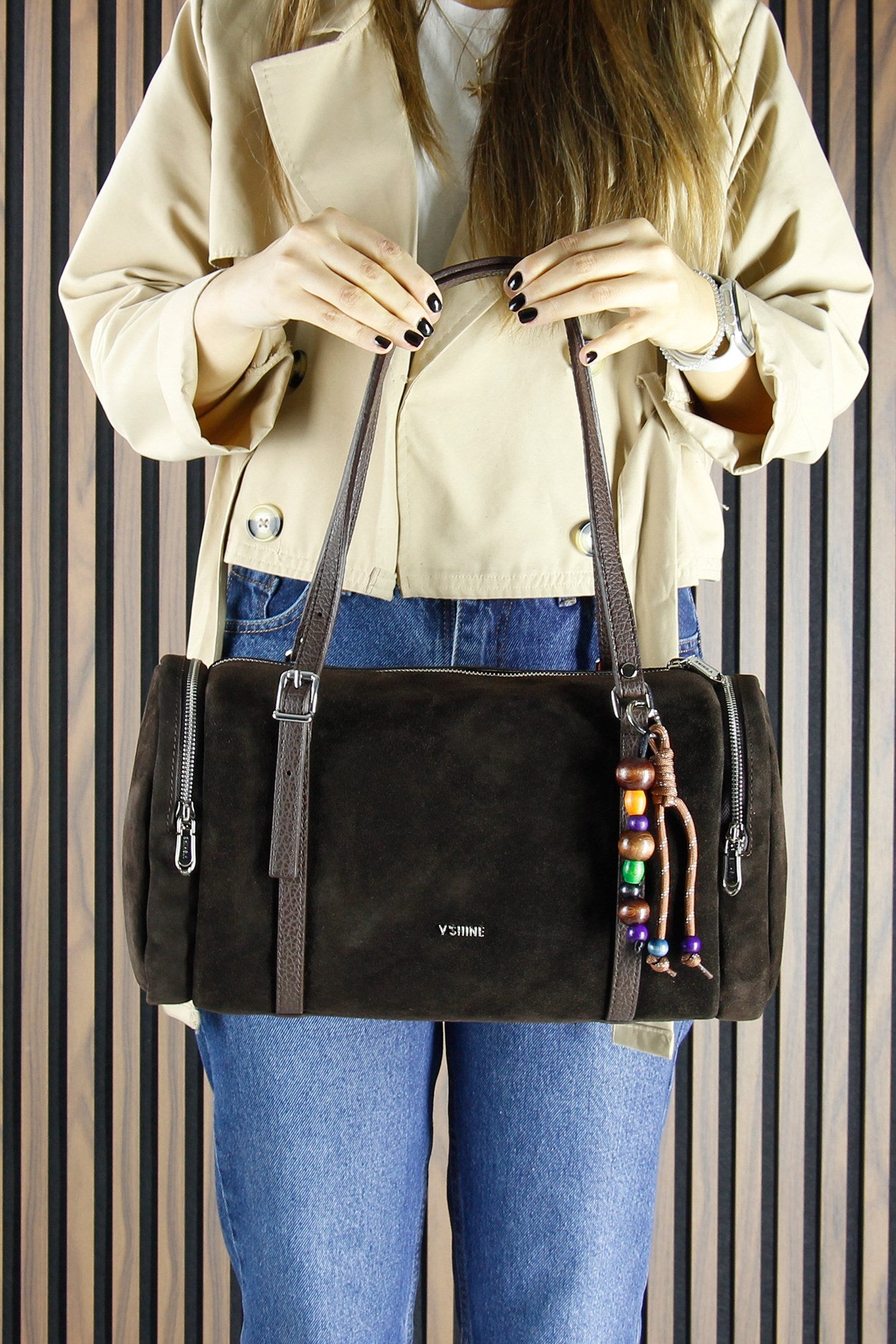 (VSN5020OC) Kahve Hakiki Dana Süet Fermuarlı Üç Bölmeli Boncuk Aksesuarlı Günlük Büyük Boy Omuz Çantası