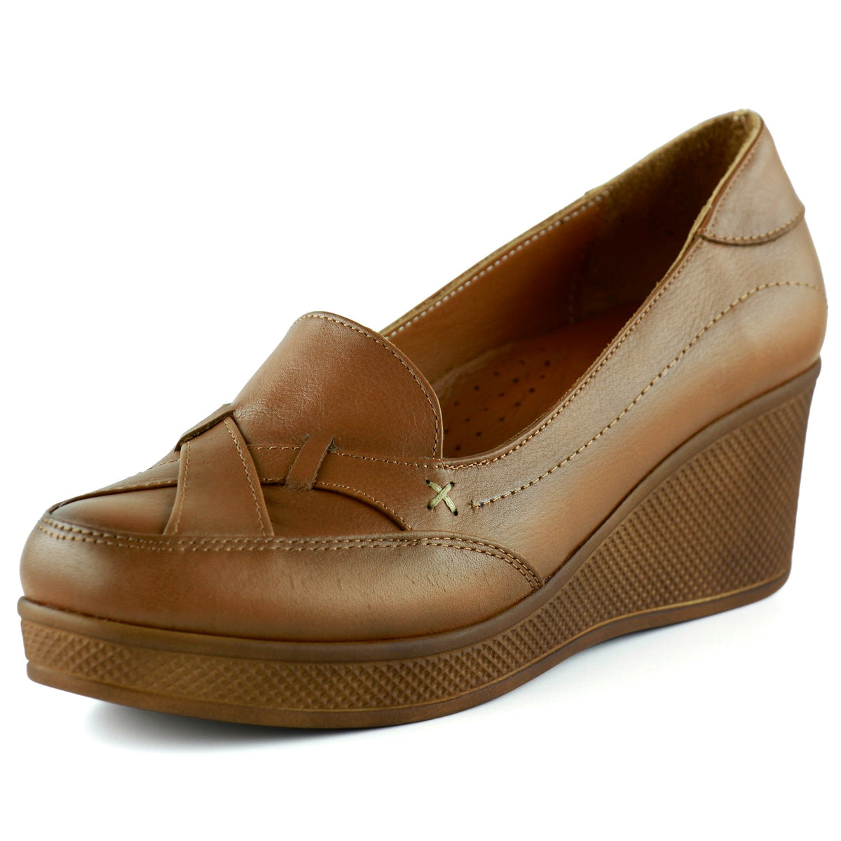 Shay Exclusive Taba Hakiki Deri Çapraz Bant Detaylı İşlemeli Dolgu Topuklu Günlük Ayakkabı