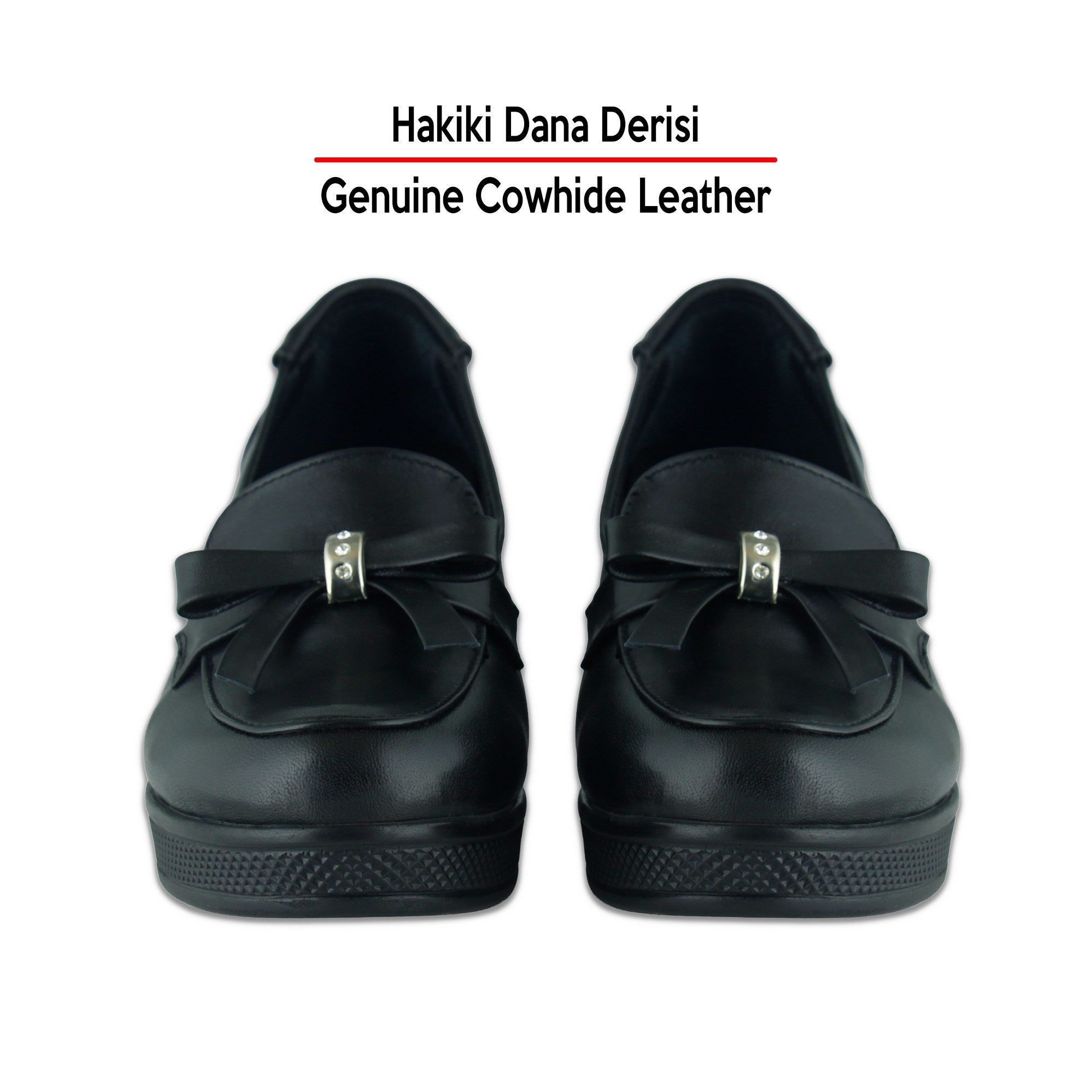 Emma Siyah Hakiki Dana Derisi Fiyonklu Yuvarlak Burun Dolgu Topuklu Günlük Ayakkabı