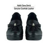 Emma Siyah Hakiki Dana Derisi Fiyonklu Yuvarlak Burun Dolgu Topuklu Günlük Ayakkabı