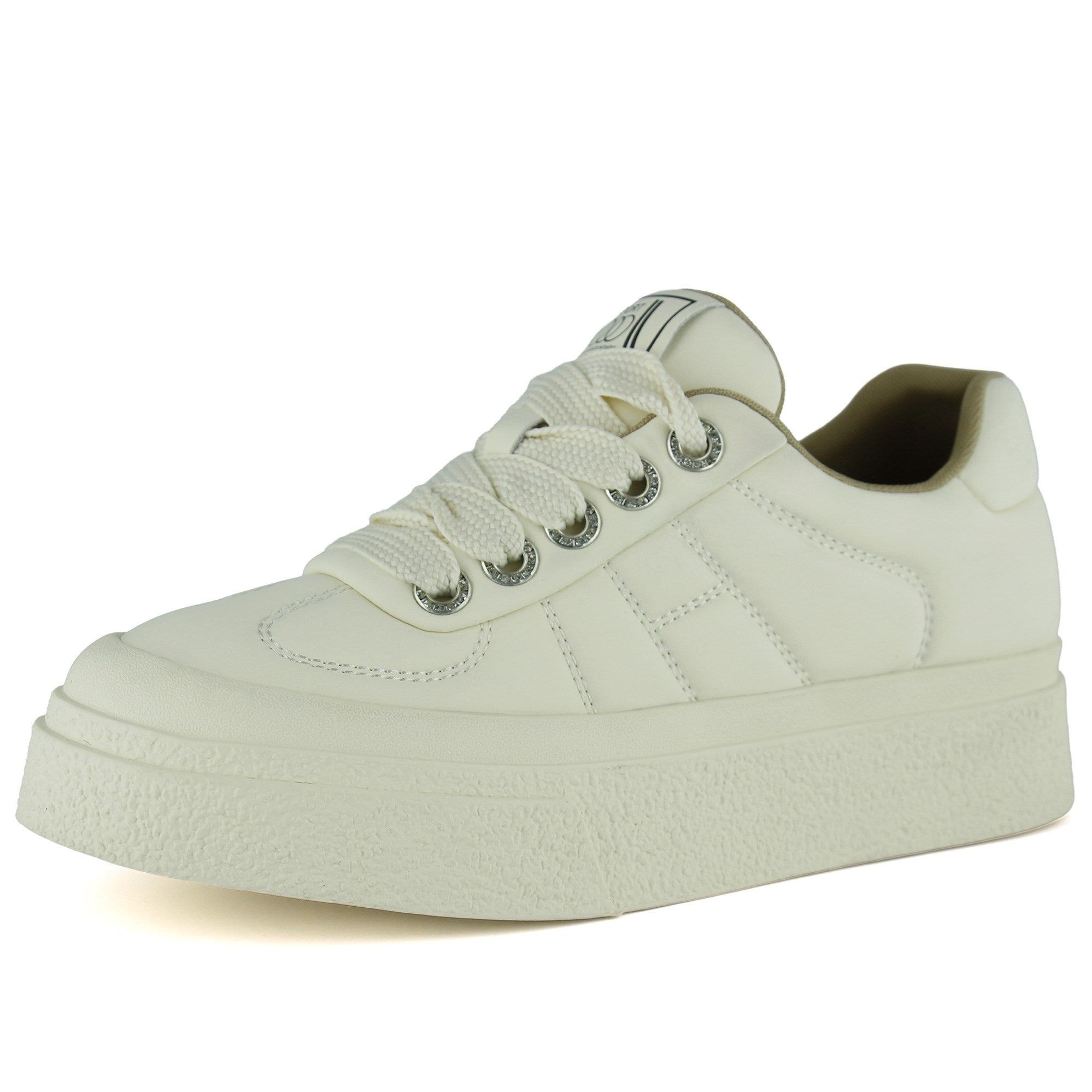 [261-BDLZ2001] Bej Vegan Taşlı Bağcıklı Yuvarlak Burun Flatform Taban Günlük Sneaker Spor Ayakkabı