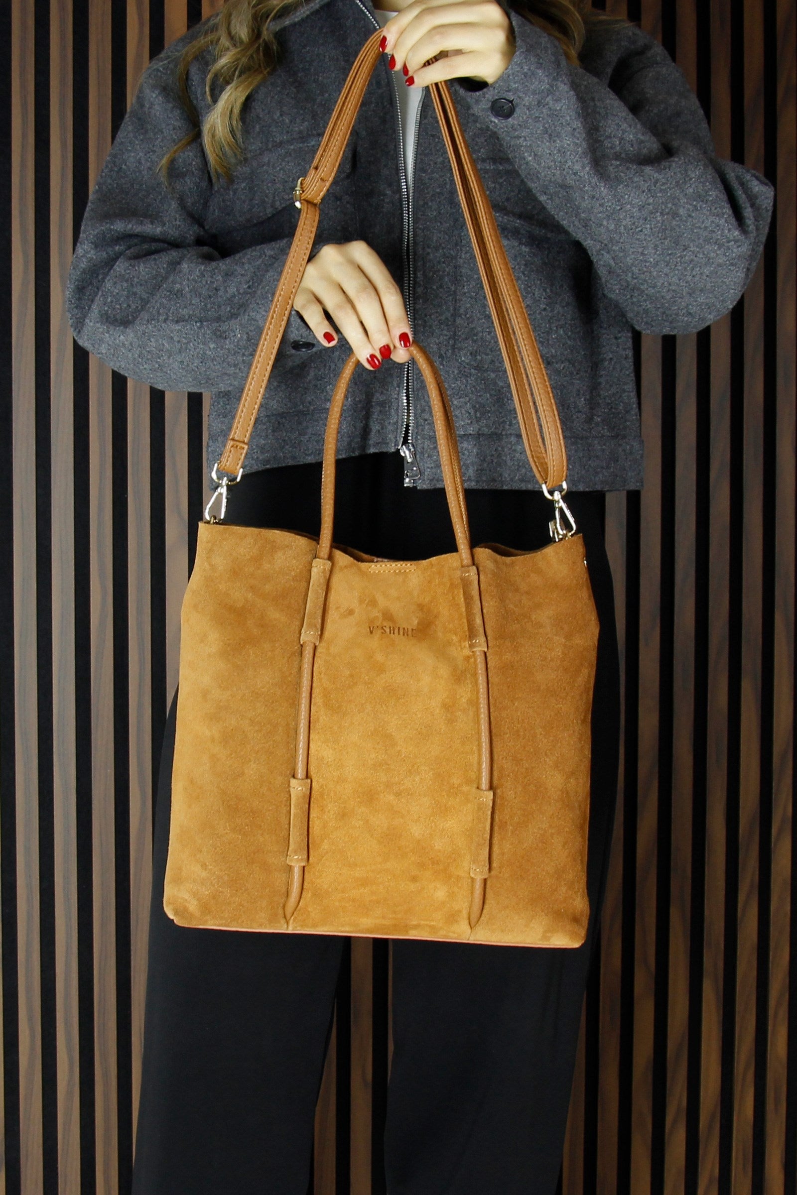 (VSN5013OC) Taba Hakiki Dana Süet Manyetik Kapaklı Fermuarlı İç Cepli Askılı Büyük Boy Günlük Omuz Çantası