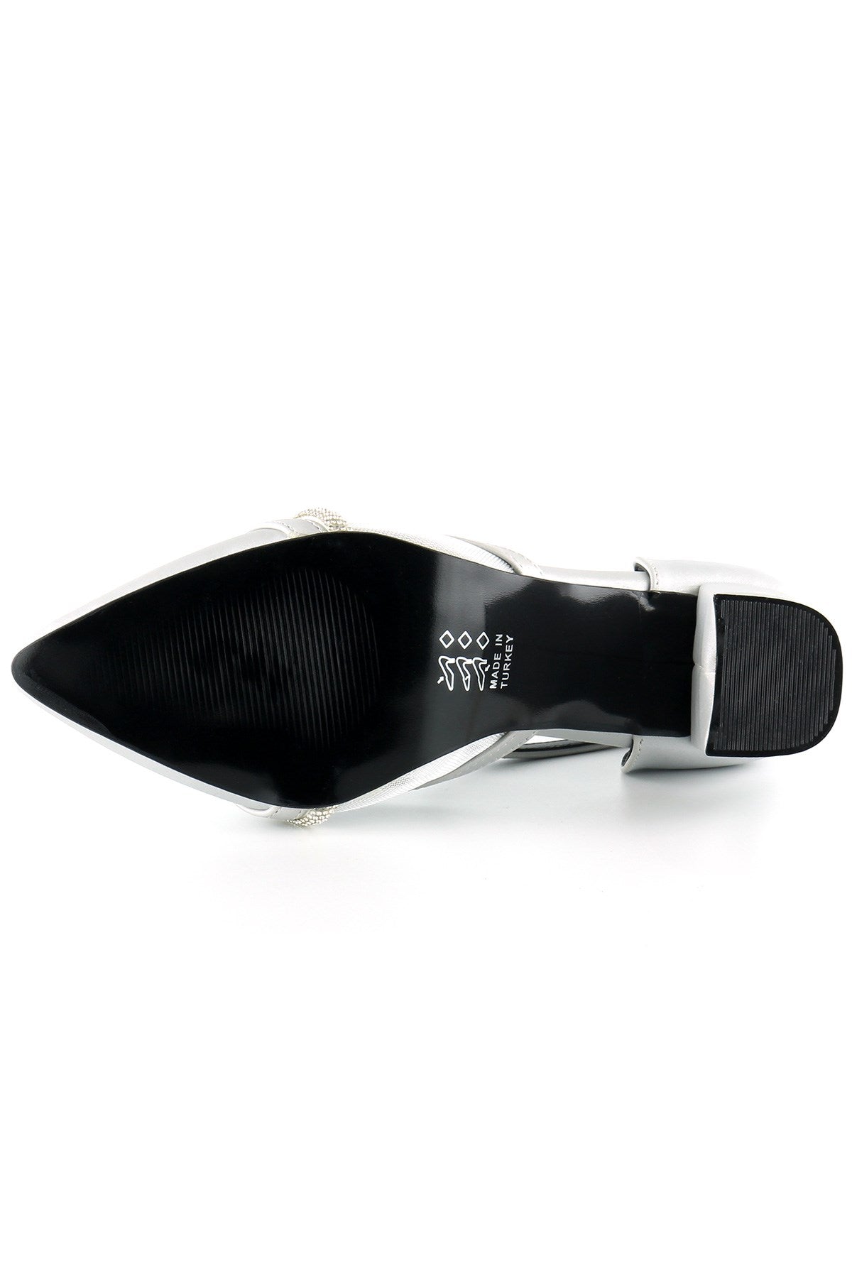 Molly Gümüş Saten Taşlı Fileli Kalın Topuklu Ayakkabı