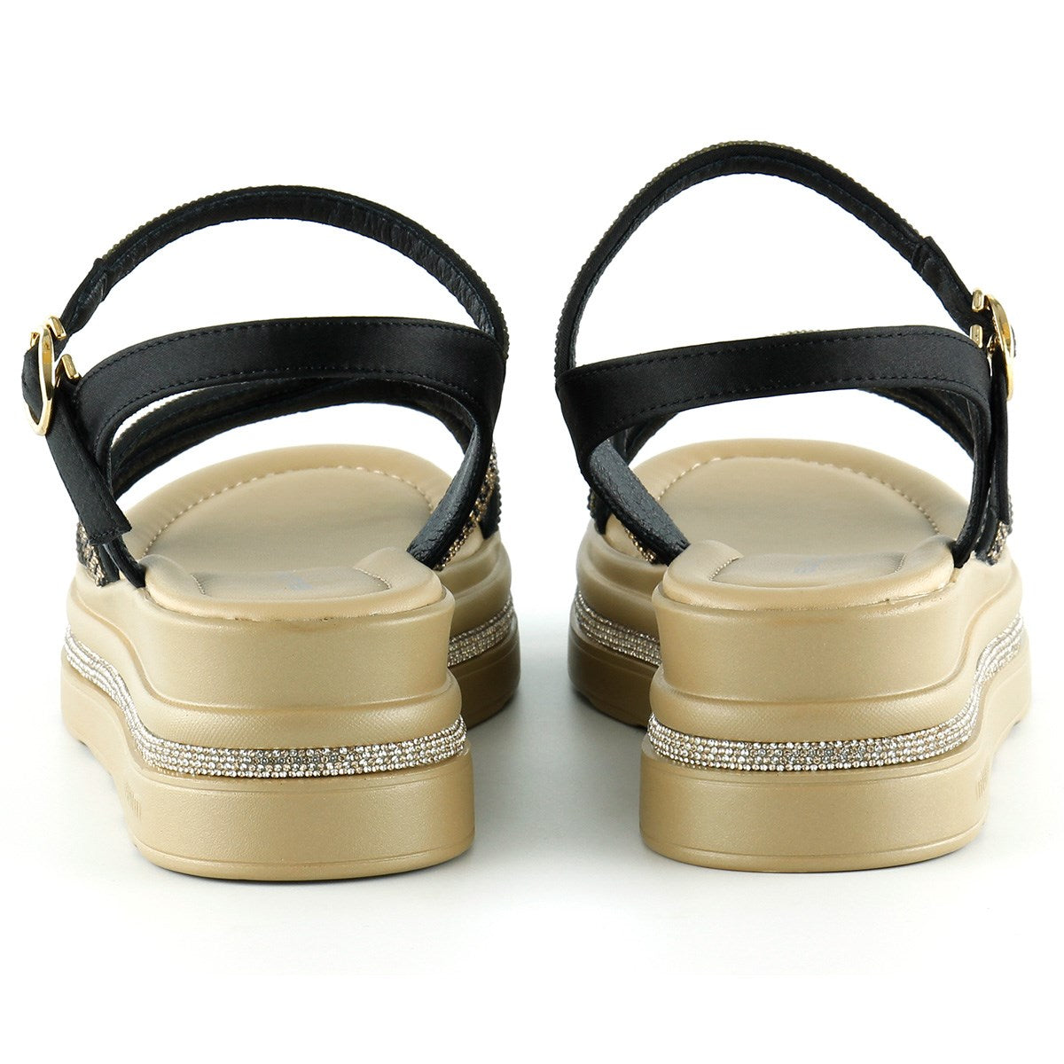 [7026] Siyah Saten Altın Kristal Taşlı Platform Sandalet