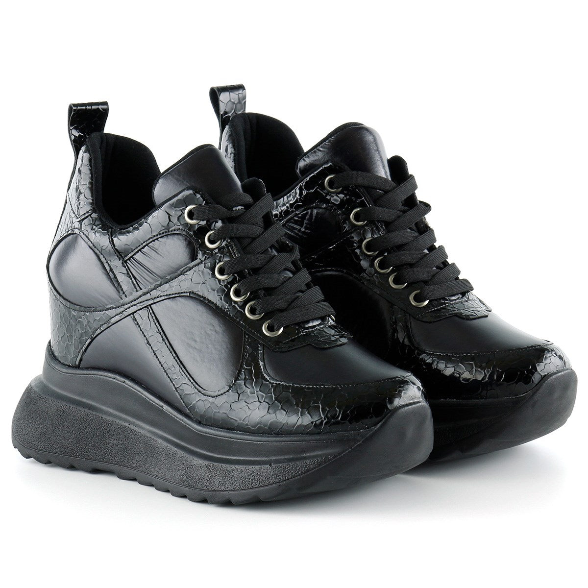 Aurelia Siyah Rugan Croco Desenli Bağcıklı Gizli Dolgu Topuklu Günlük Spor Ayakkabı