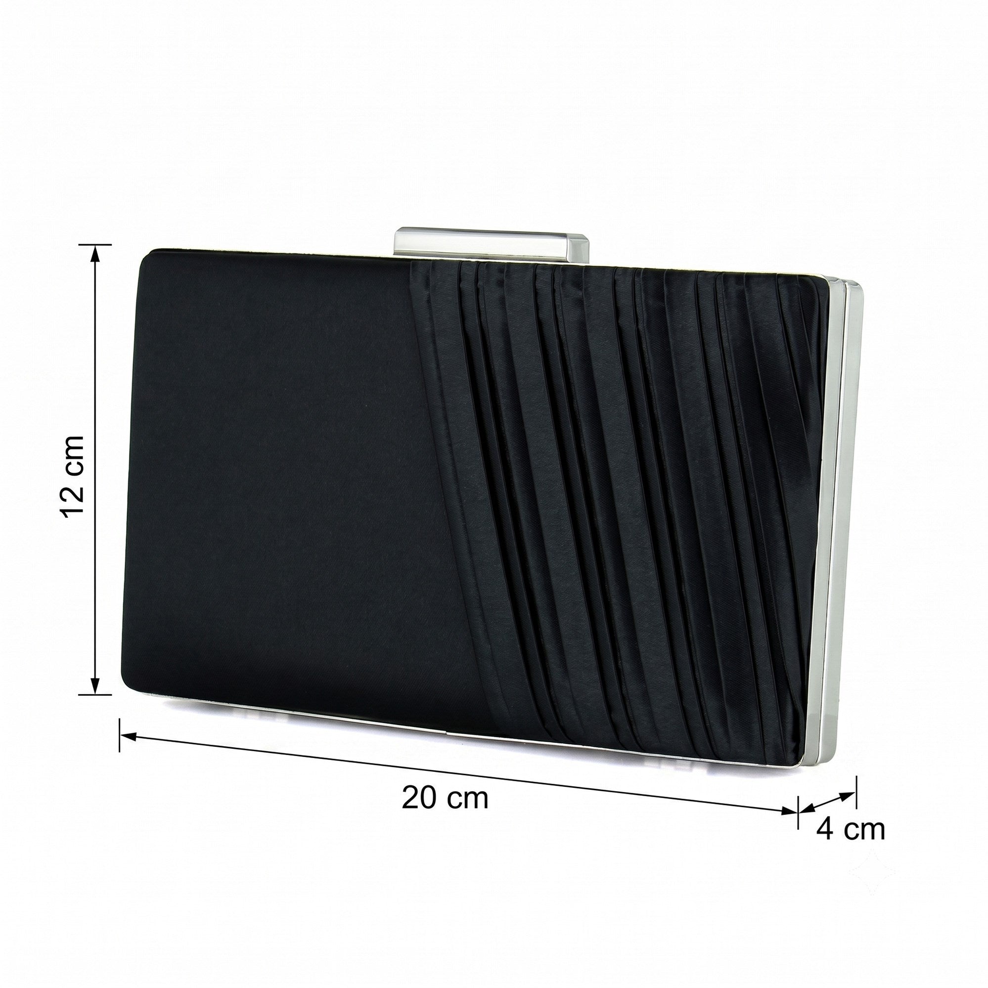 (ES0606AC) Siyah Saten Pliseli Metal Kasalı Saplı Askılı Abiye El Çantası
