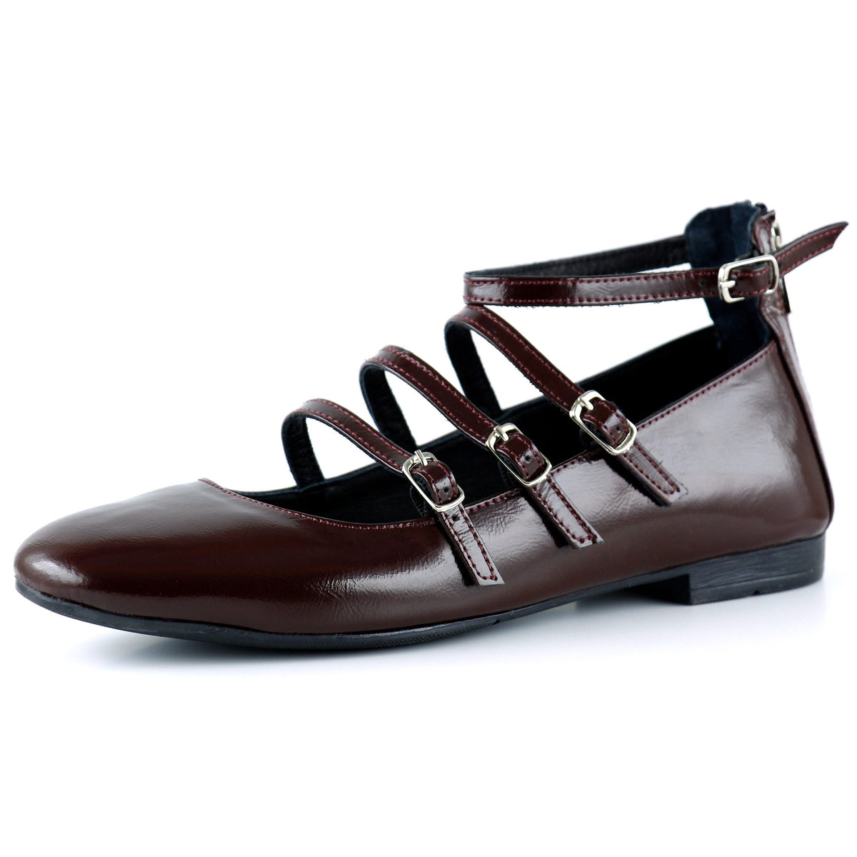 Elenuta Bordo Hakiki Deri Rugan Dört Bant Tokalı Fermuarlı Balerin Babet