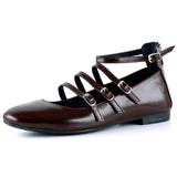 Elenuta Bordo Hakiki Deri Rugan Dört Bant Tokalı Fermuarlı Balerin Babet