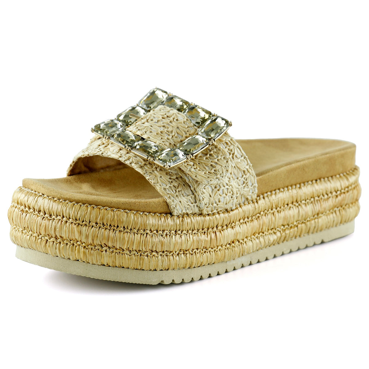 [7076] Bej Sabit Tek Bant Kristal Taş Süslemeli Hasır Dokulu Dolgu Topuklu Terlik