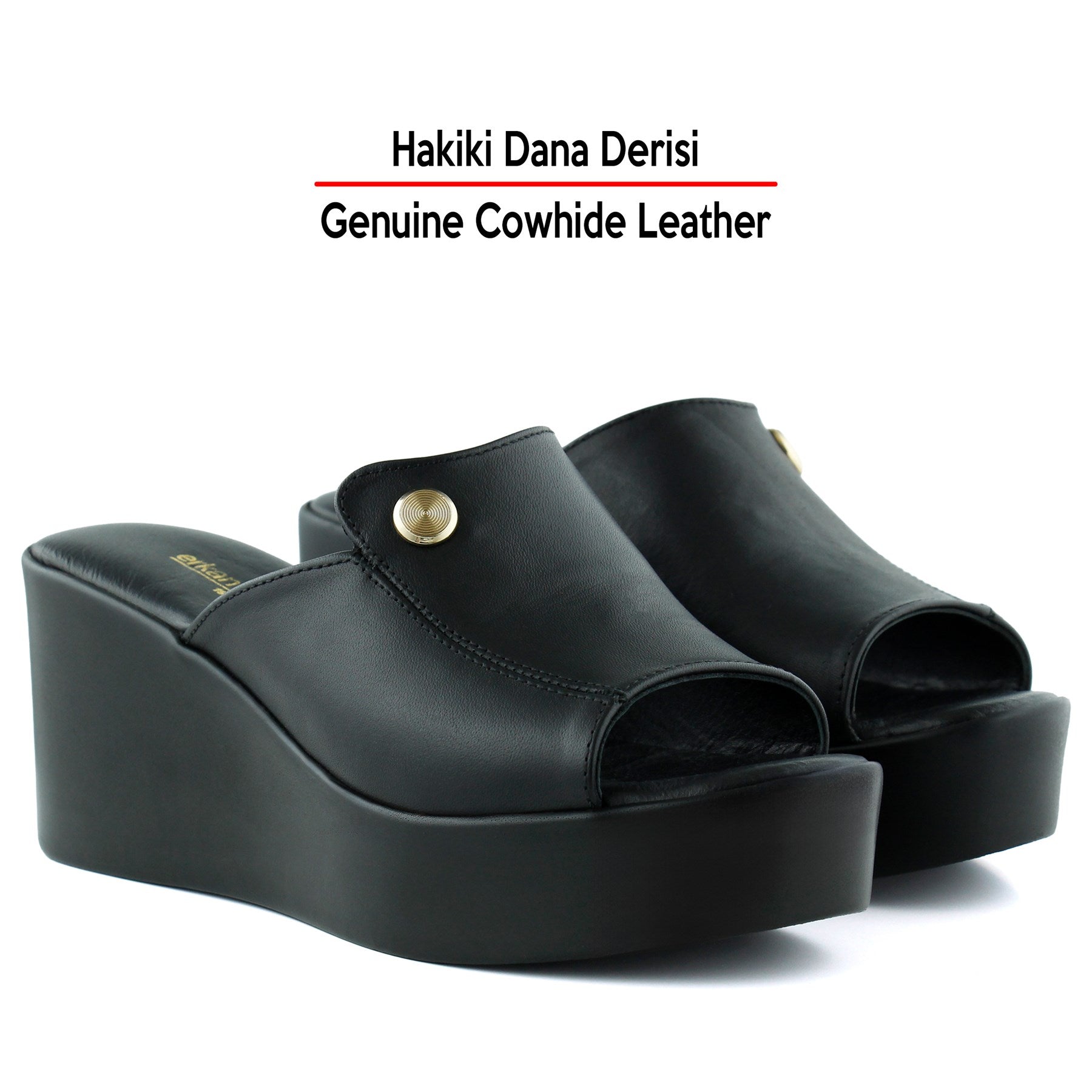 Tilda Siyah Hakiki Dana Derisi Metal Düğme Detaylı Önü Açık Dolgu Topuklu Terlik