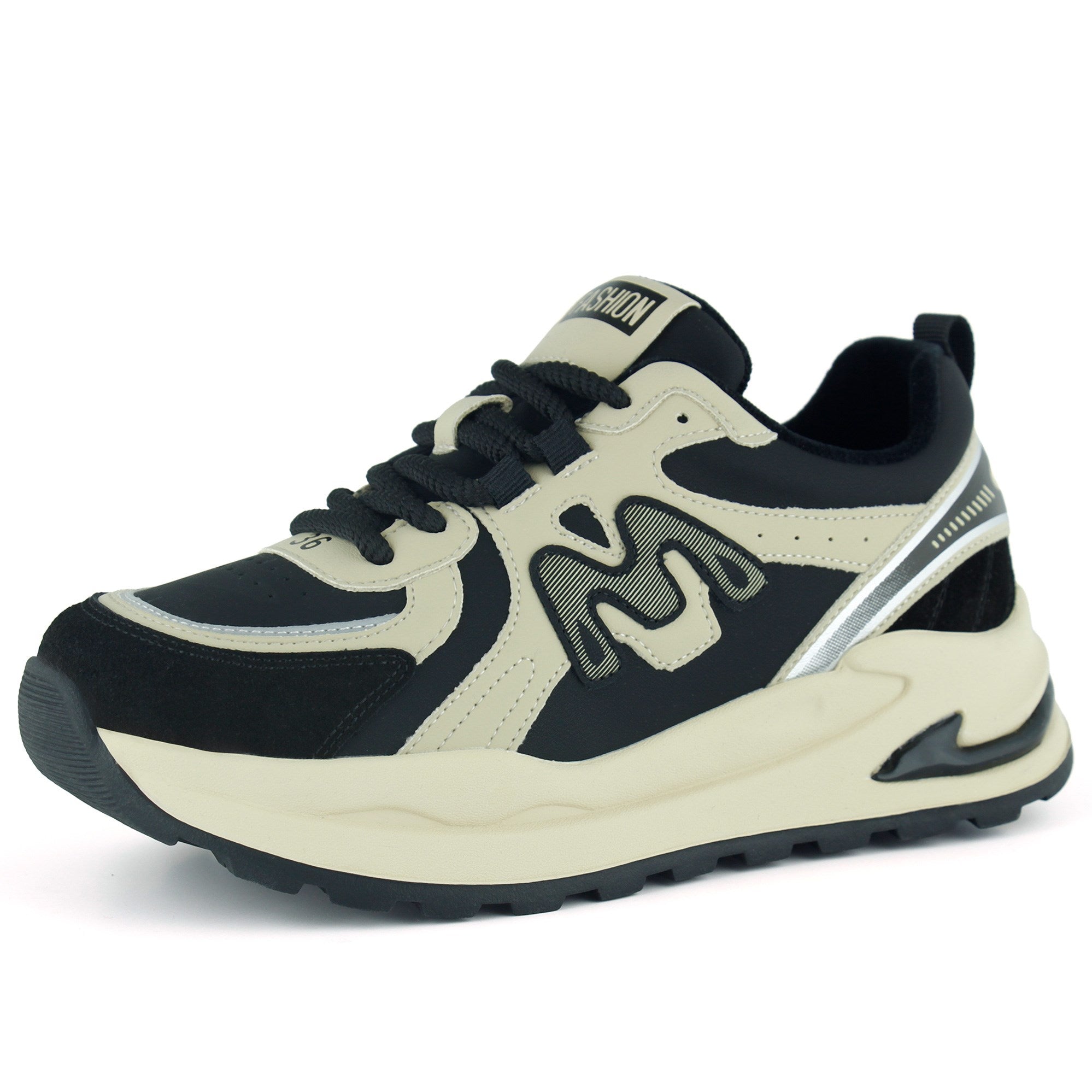 [261-BDLZ2002] Bej Siyah Vegan Bağcıklı Yuvarlak Burun Flatform Taban Günlük Sneaker Spor Ayakkabı