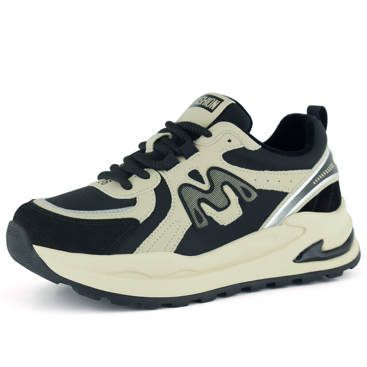 [261-BDLZ2002] Bej Siyah Vegan Bağcıklı Yuvarlak Burun Flatform Taban Günlük Sneaker Spor Ayakkabı