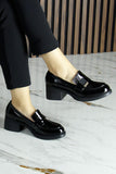 [MAX 54-141] Siyah Rugan Hakiki Dana Derisi Tokalı Kalın Topuklu Günlük Loafer Ayakkabı