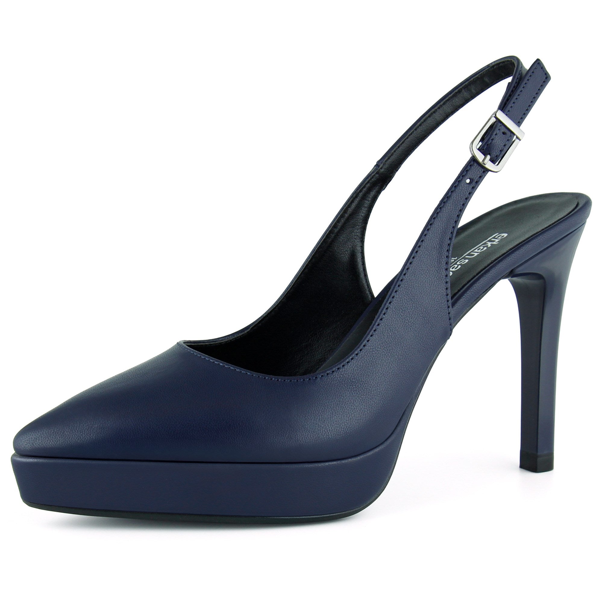 Scarlett Slingback Lacivert Vegan Sivri Burun Arkası Açık İnce Platform Topuklu Ayakkabı