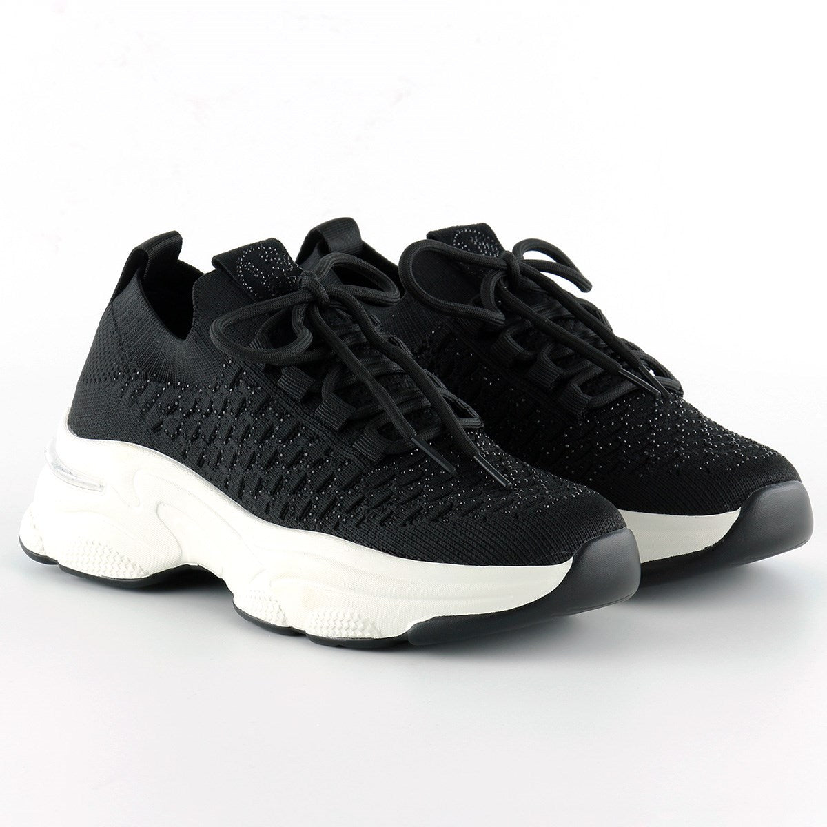 [5031] Siyah Örgü Dokuma Taş Detaylı Bağcıklı Slip-on Sneaker