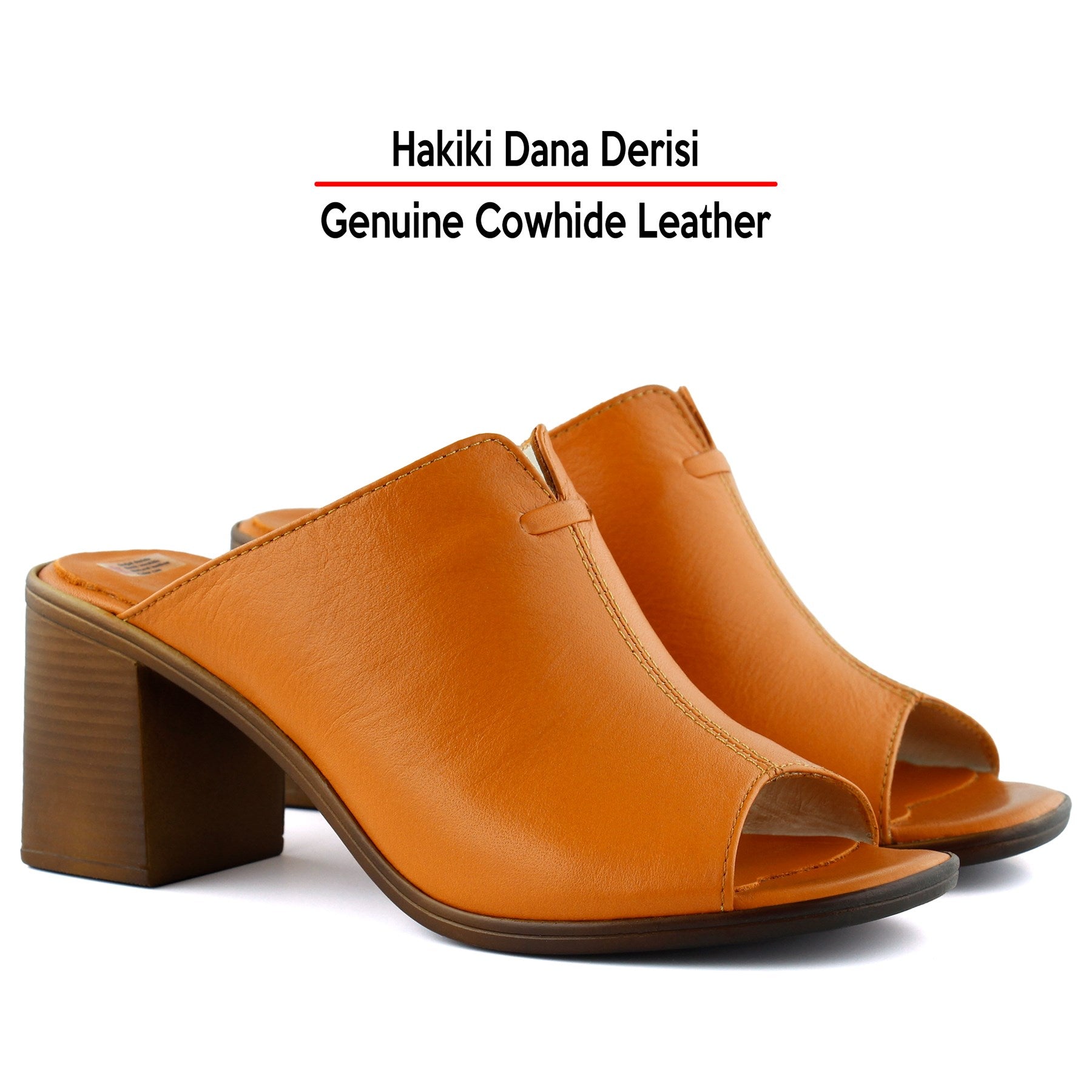 Valery Turuncu Hakiki Dana Derisi Önü Açık Kalın Topuklu Terlik