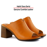 Valery Turuncu Hakiki Dana Derisi Önü Açık Kalın Topuklu Terlik