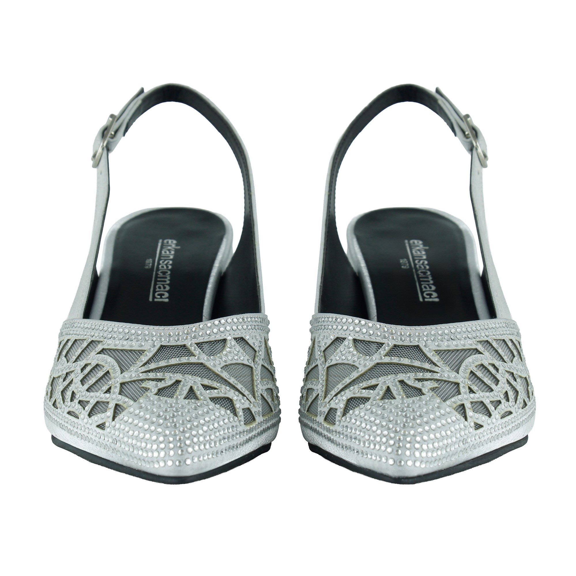 Estelle Gümüş Saten Taşlı Fileli Sivri Burun Kalın Topuklu Arkası Açık Abiye Ayakkabı