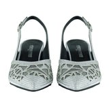 Estelle Gümüş Saten Taşlı Fileli Sivri Burun Kalın Topuklu Arkası Açık Abiye Ayakkabı