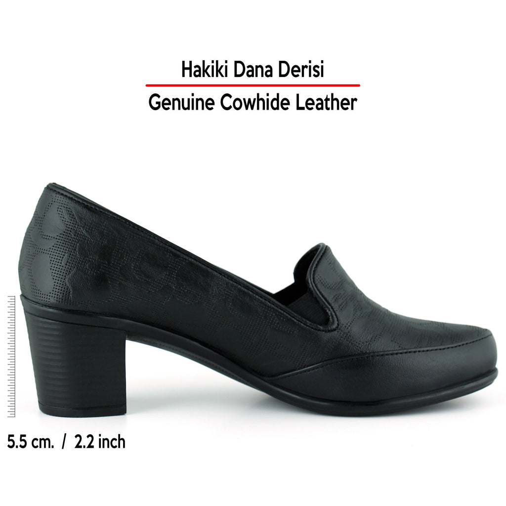 Camila Siyah Hakiki Dana Derisi Desenli Lastikli Günlük Kalın Topuklu Ayakkabı