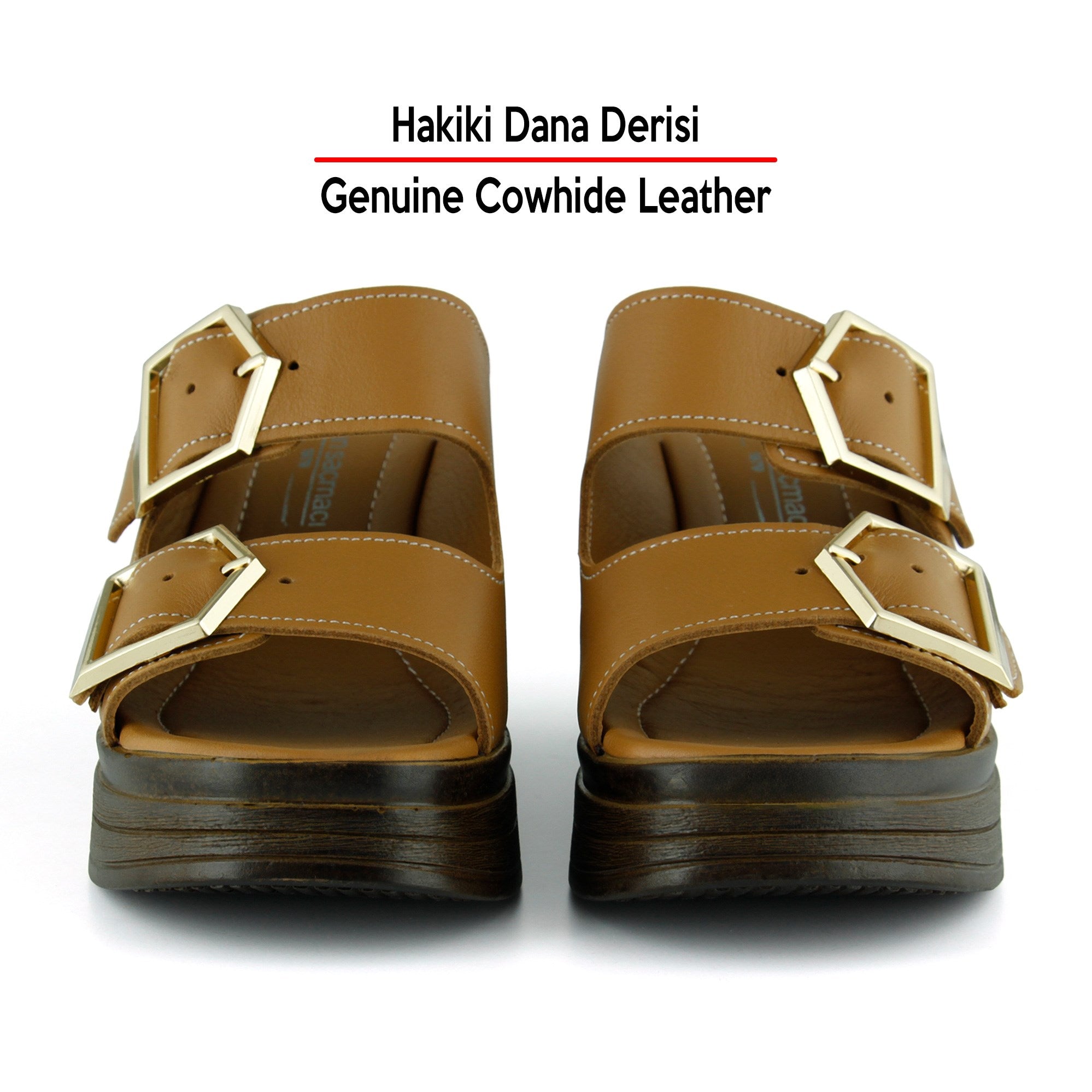 Denise Taba Hakiki Dana Derisi Çift Tokalı Platform Dolgu Topuklu Kadın Terlik