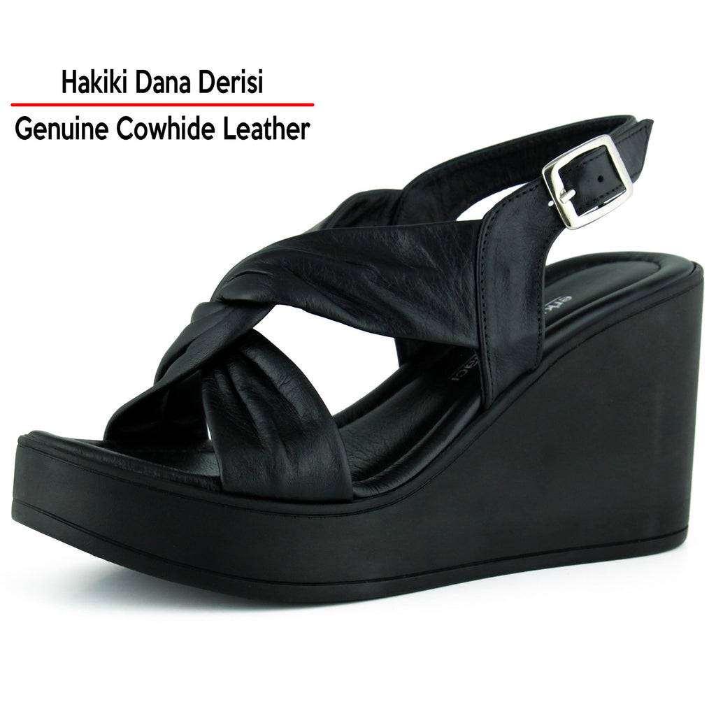 Monica Siyah Hakiki Dana Derisi Çapraz Burgulu Dolgu Topuklu Slingback Sandalet