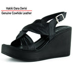 Monica Siyah Hakiki Dana Derisi Çapraz Burgulu Dolgu Topuklu Slingback Sandalet