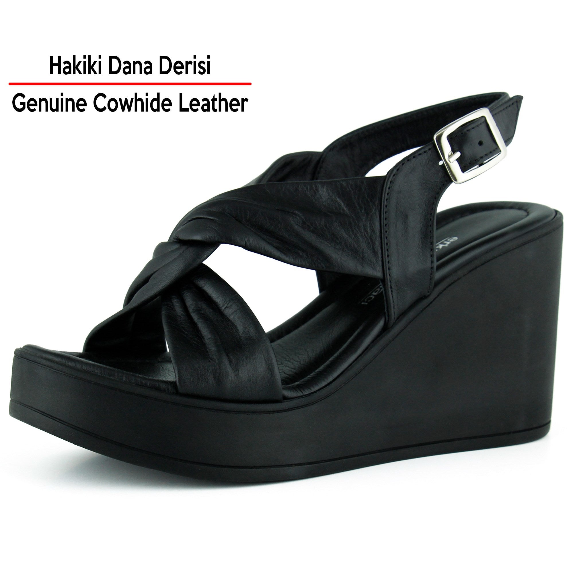 Monica Siyah Hakiki Dana Derisi Çapraz Burgulu Dolgu Topuklu Slingback Sandalet