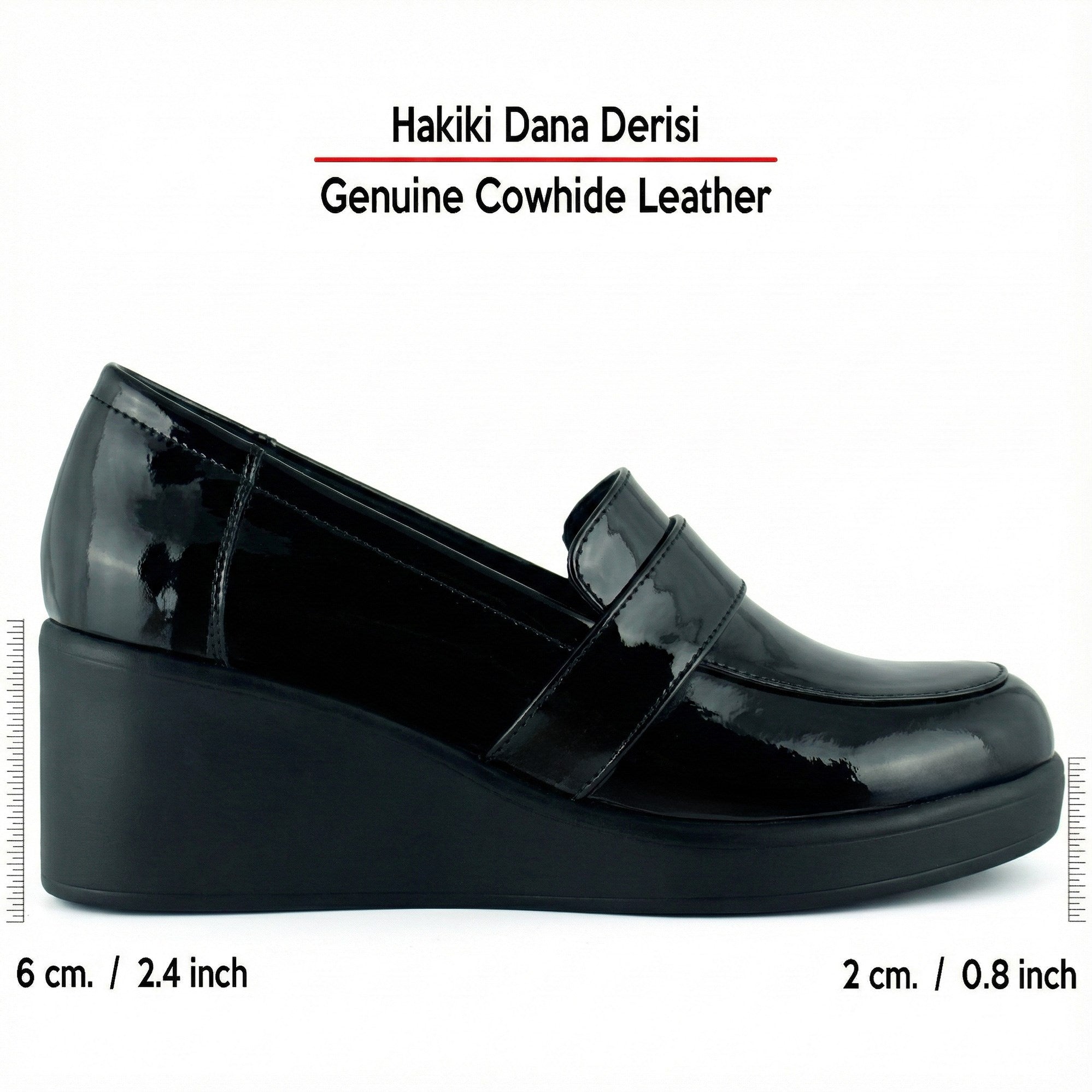Madeline Siyah Rugan Hakiki Dana Derisi Tokalı Yuvarlak Burun Dolgu Topuklu Günlük Ayakkabı