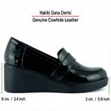 Madeline Siyah Rugan Hakiki Dana Derisi Tokalı Yuvarlak Burun Dolgu Topuklu Günlük Ayakkabı