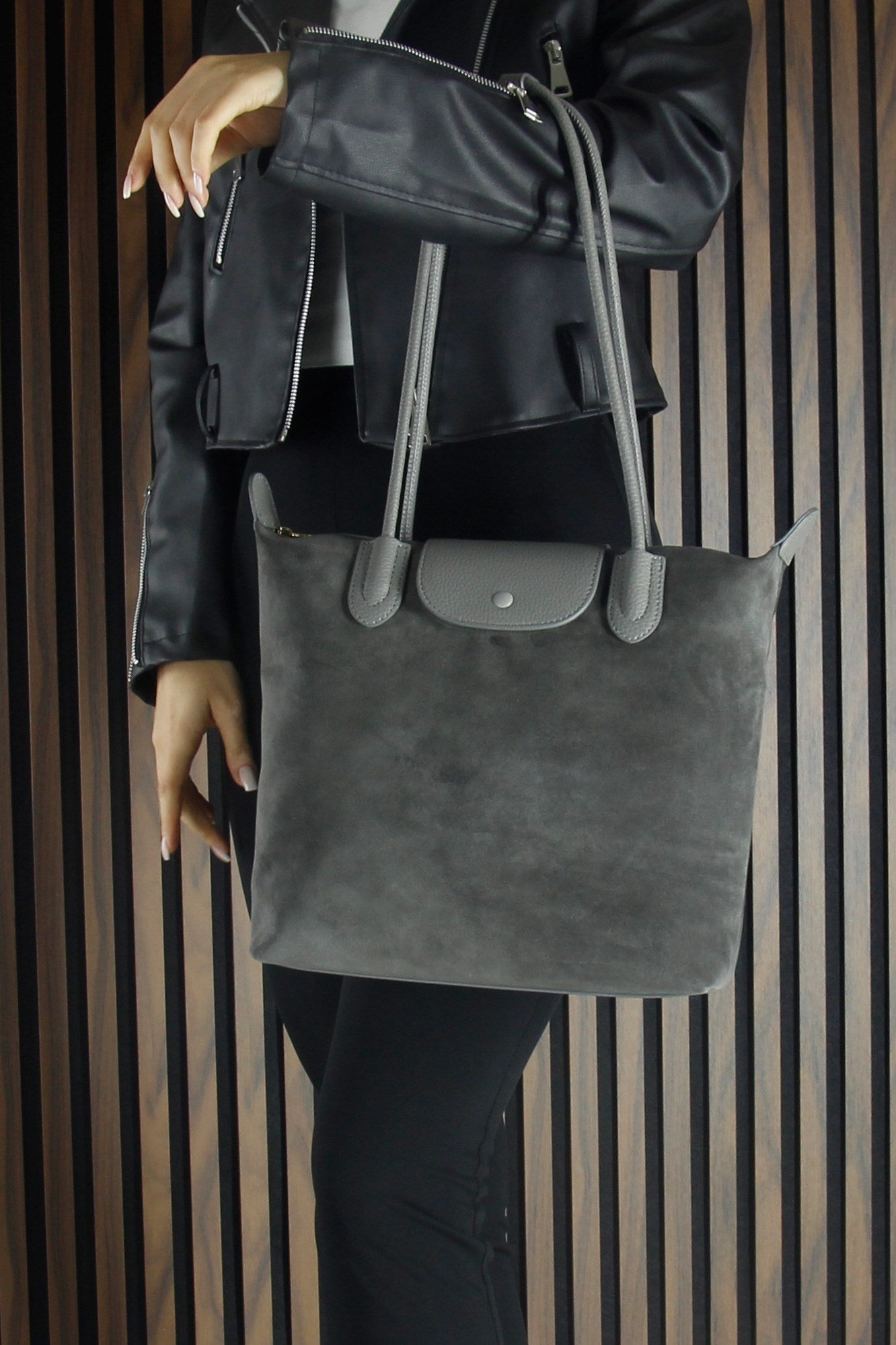 (VSN5017OC) Gri Hakiki Dana Süet Fermuarlı Manyetik Kapaklı Büyük Boy Günlük Omuz Çantası