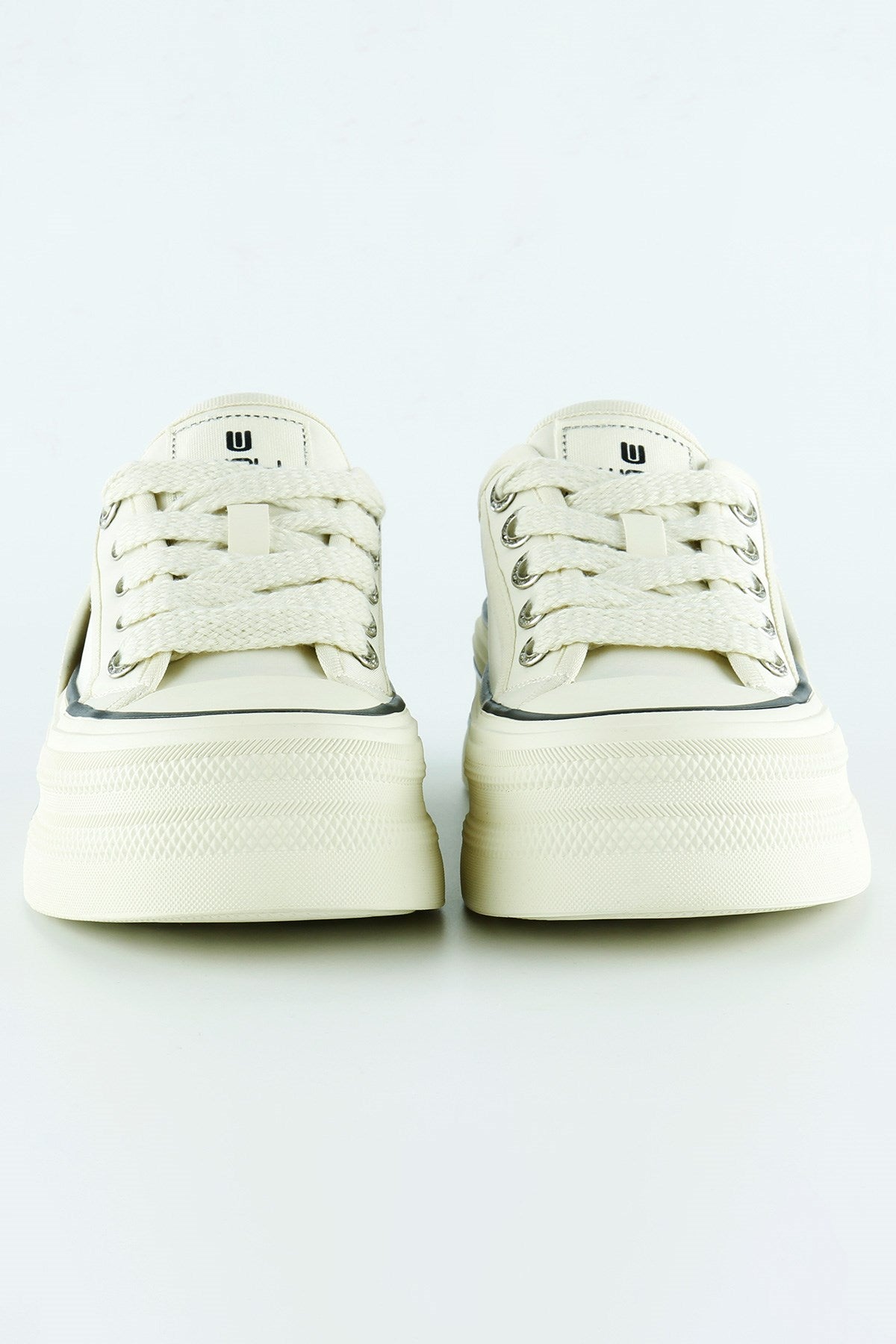 [5016] Bej Saten Yüksek Taban Spor Taşlı Bağcıklı Platform Sneaker