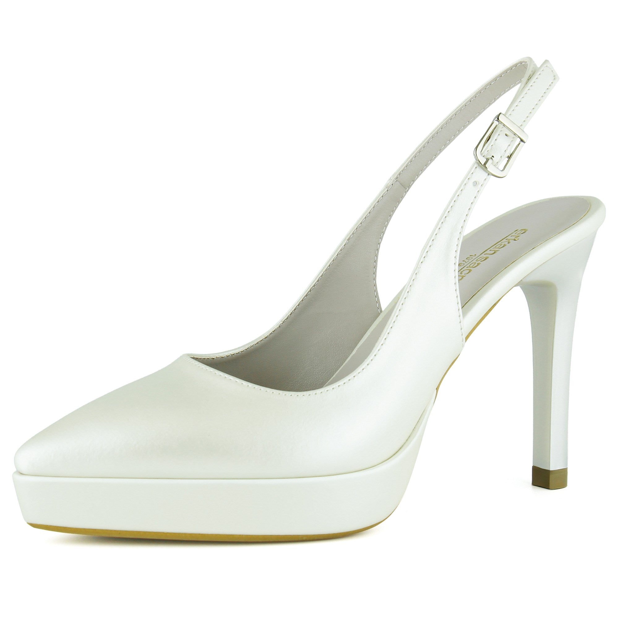 Scarlett Slingback İnci Beyazı Vegan Sivri Burun Arkası Açık İnce Platform Topuklu Gelin Ayakkabısı