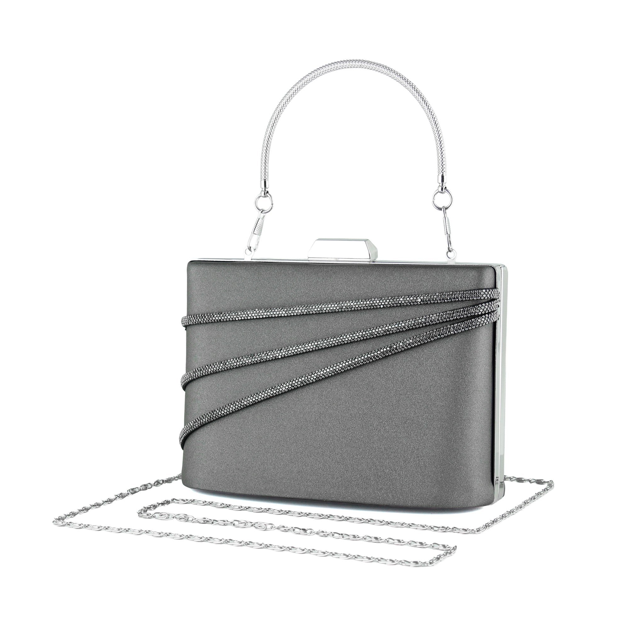 (ES0016AC) Antrasit Saten Taşlı Gümüş Metal Saplı Zincir Askılı Abiye Çanta