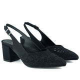 Estelle Siyah Saten Taşlı Fileli Sivri Burun Kalın Topuklu Arkası Açık Abiye Ayakkabı