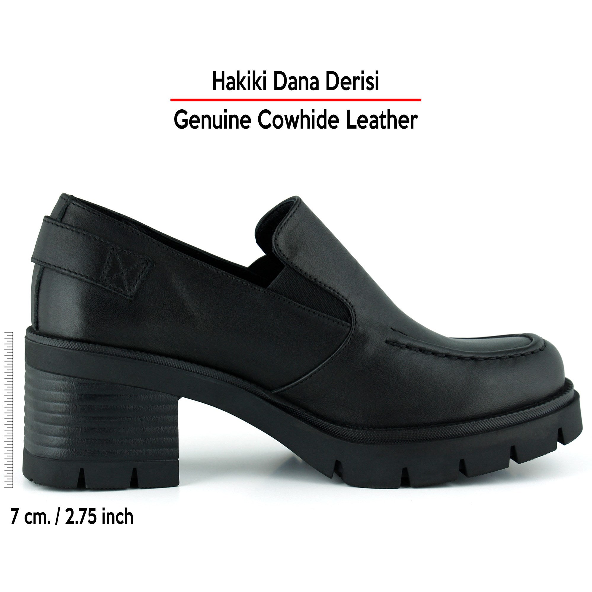 [MAX 5045] Siyah Hakiki Dana Derisi Lastikli Tokalı Kalın Topuklu Günlük Loafer Ayakkabı