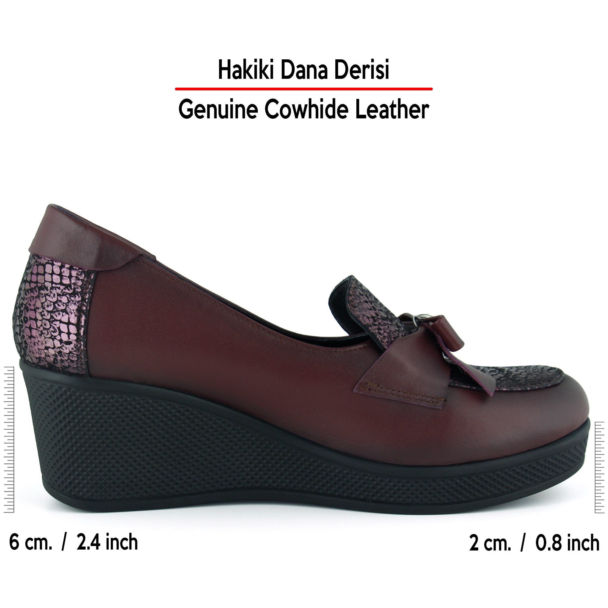 Emma Bordo Yılan Hakiki Dana Derisi Fiyonklu Yuvarlak Burun Dolgu Topuklu Günlük Ayakkabı