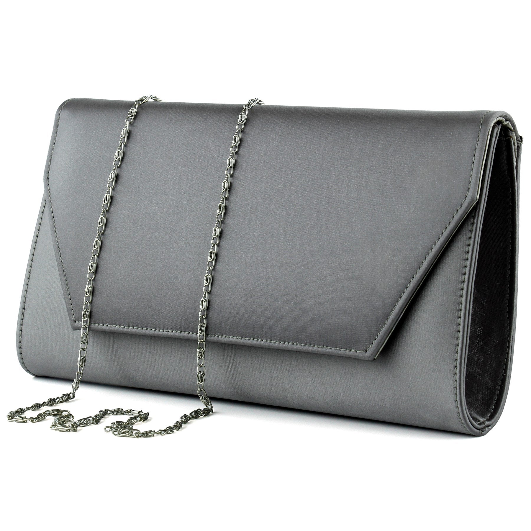 (ES0017AC) Antrasit Saten Zincir Askılı Manyetik Kapaklı İç Cepli Zarif Abiye El Çantası