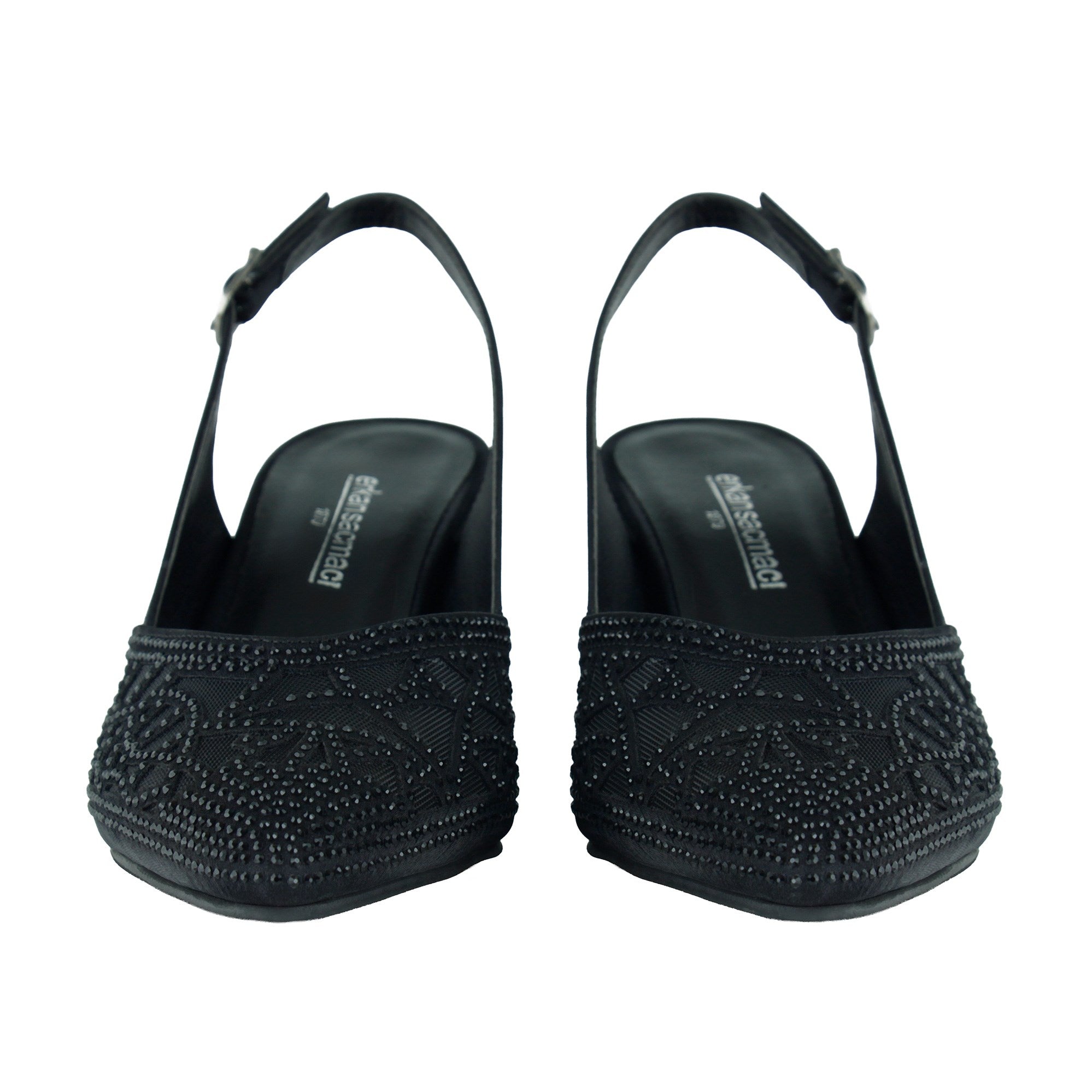 Estelle Siyah Saten Taşlı Fileli Sivri Burun Kalın Topuklu Arkası Açık Abiye Ayakkabı