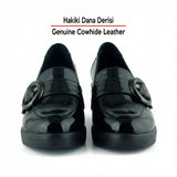 Madeline Siyah Rugan Hakiki Dana Derisi Tokalı Yuvarlak Burun Dolgu Topuklu Günlük Ayakkabı