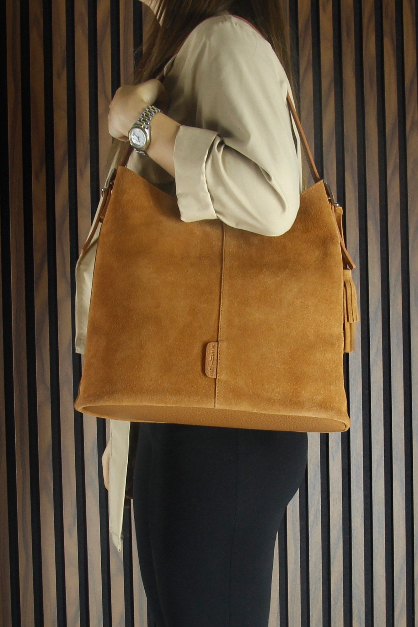 (VSN5016OC) Taba Hakiki Dana Süet Püsküllü Manyetik Kapaklı Büyük Boy Günlük Omuz Çantası ve El Çantası