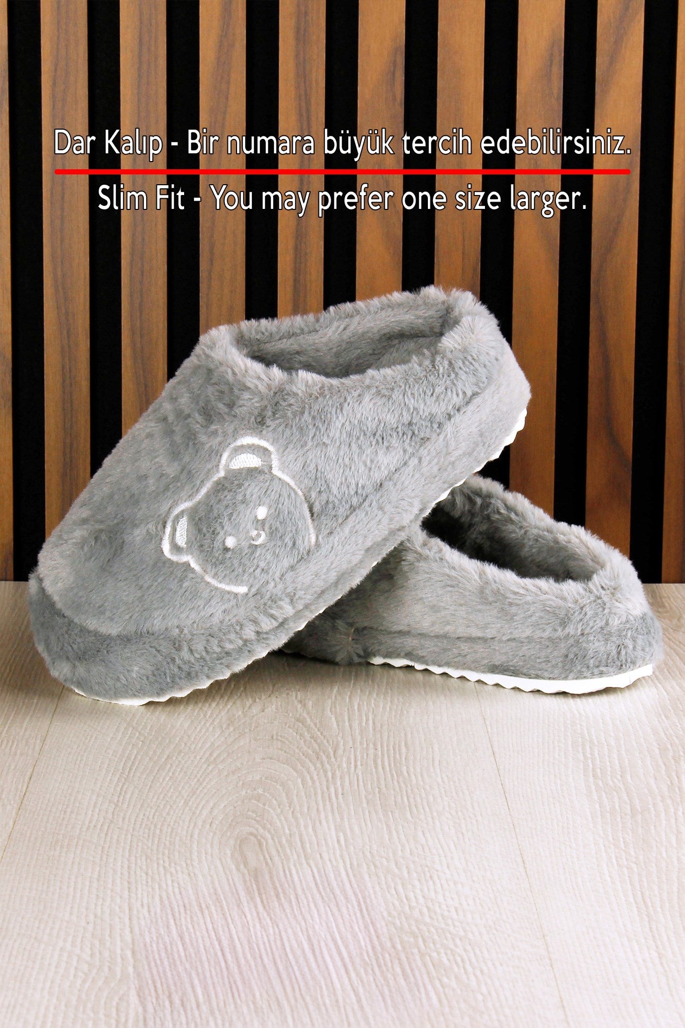 Clara Gri Pelüş - DAR KALIP - Ayıcık Desenli Kalın Düz Tabanlı Sessiz Kadın Ev Terliği