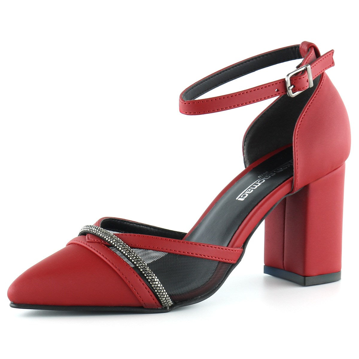 Molly Kırmızı Saten Taşlı Fileli Kalın Topuklu Ayakkabı