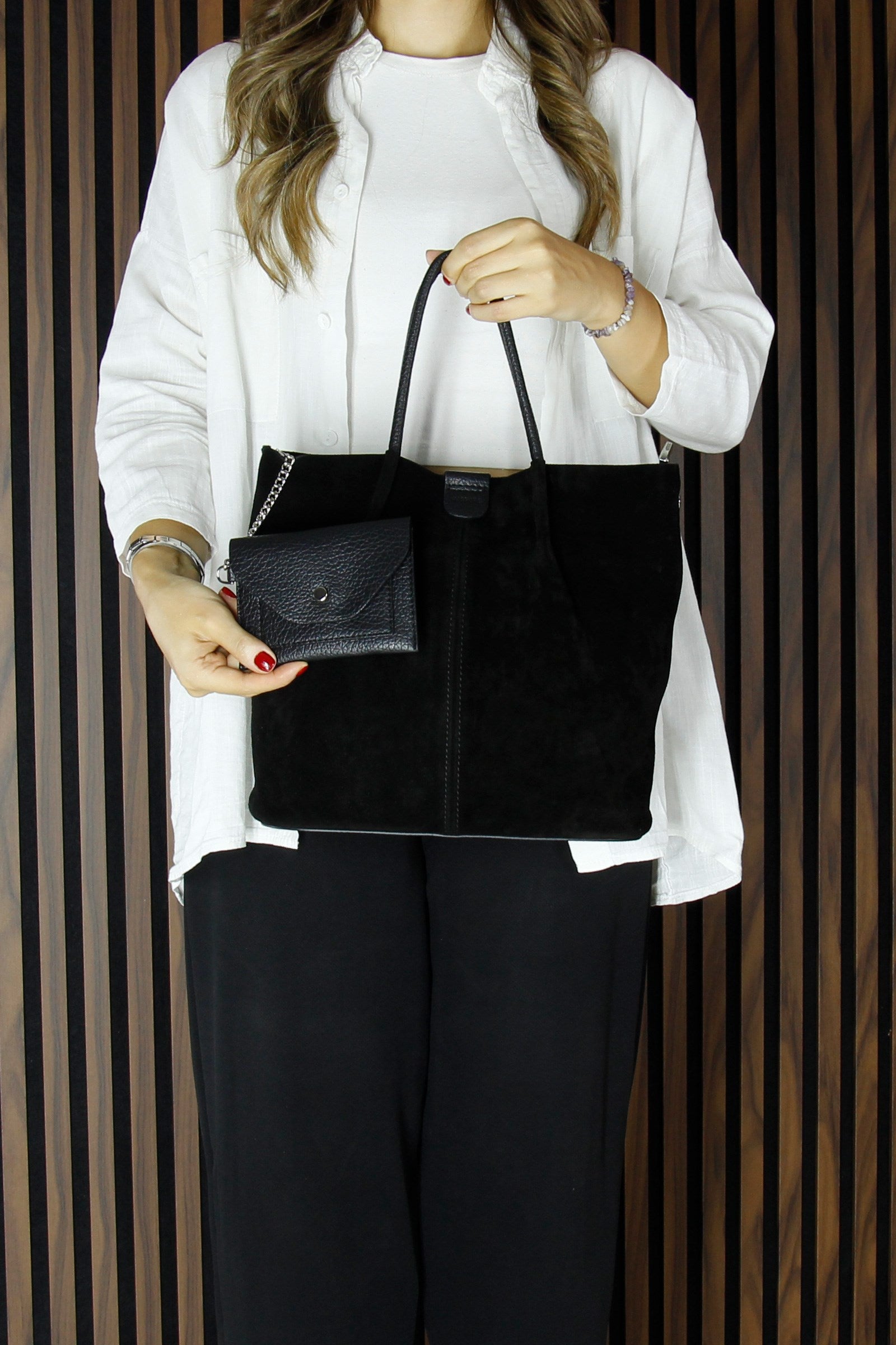 (VSN5010OC) Siyah Hakiki Dana Süet Manyetik Kapaklı İç Cepli Askılı Günlük Büyük Boy Omuz Çantası ve Cüzdanı