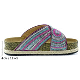 [7037] Pembe Turkuaz Boncuklu Çapraz Bantlı Kristal Taşlı Hasır Detaylı Mantar Taban Görünümlü Terli